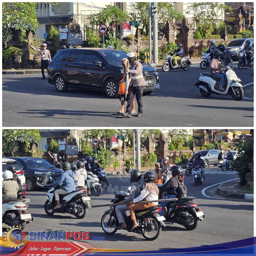Personil Dit Lantas Polda Bali Bantu Lansia Menyebrang Jalan