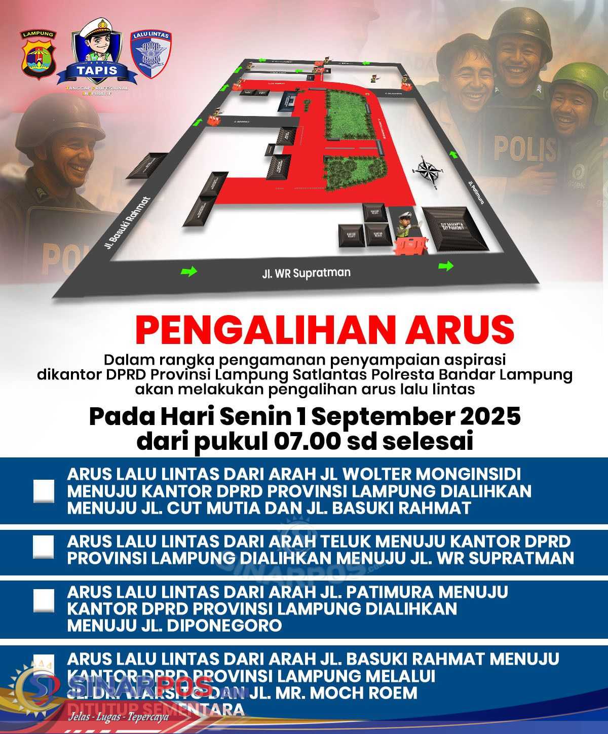 Aksi di DPRD Lampung, Satlantas Alihkan Arus Lalu Lintas dan Imbau Warga Tunda Perjalanan Aksi di DPRD Lampung, Satlantas Alihkan Arus Lalu Lintas dan Imbau Warga Tunda Perjalanan