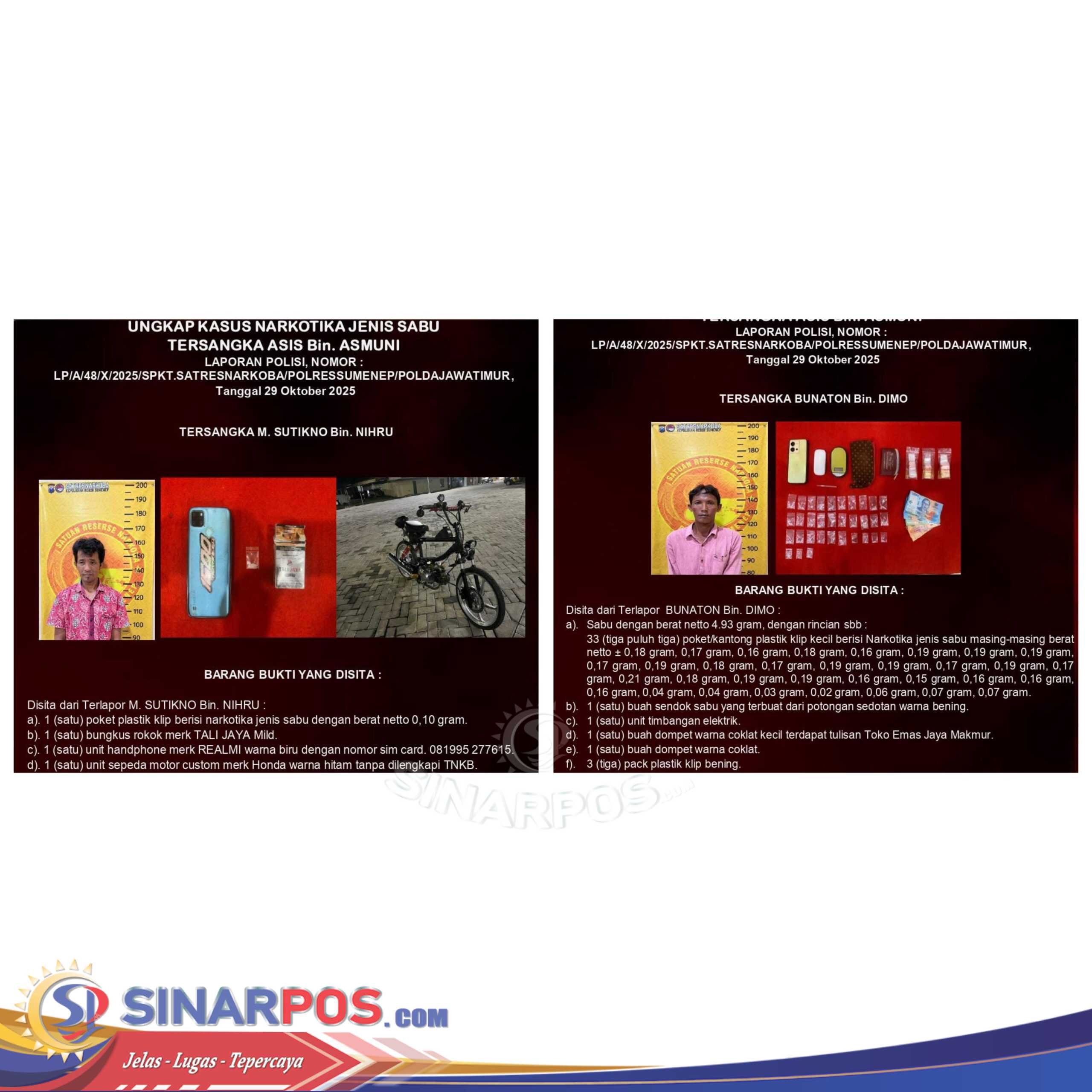 Satresnarkoba Polres Sumenep Ringkus Pelaku Dua Pengedar Sabu, Puluhan Poket Disita