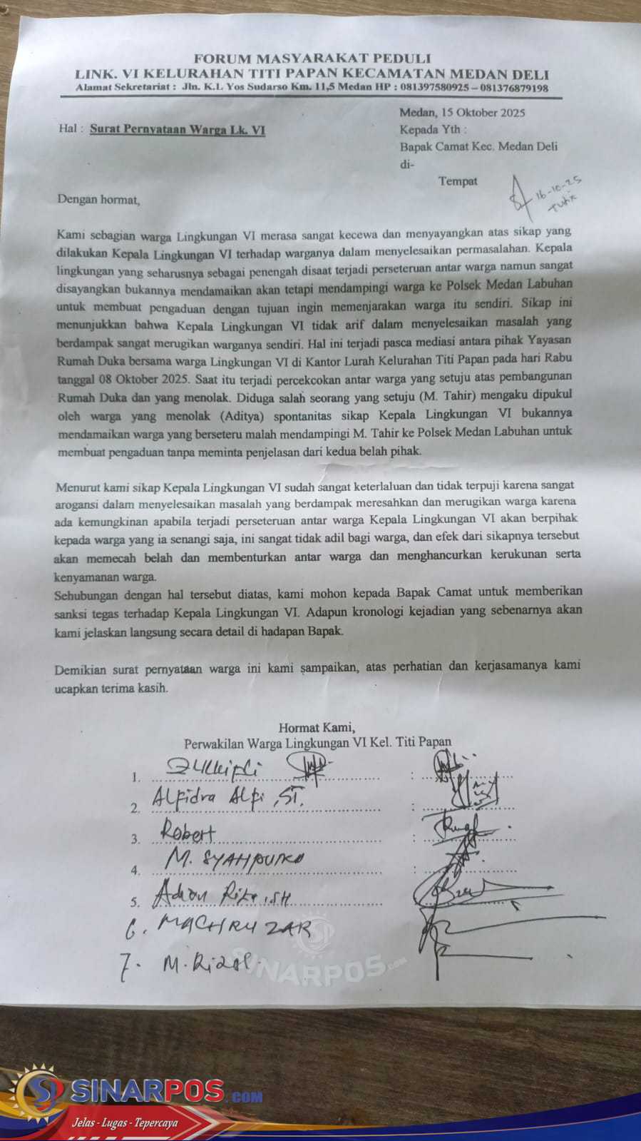 Forum Masyarakat Peduli Lingkungan VI Kelurahan Titipapan Serahkan Surat Pernyataan ke Camat Medan Deli Terkait Pencopotan Kepling, Ini Dia Isi Suratnya Forum Masyarakat Peduli Lingkungan VI Kelurahan Titipapan Serahkan Surat Pernyataan ke Camat Medan Deli Terkait Pencopotan Kepling, Ini Dia Isi Suratnya