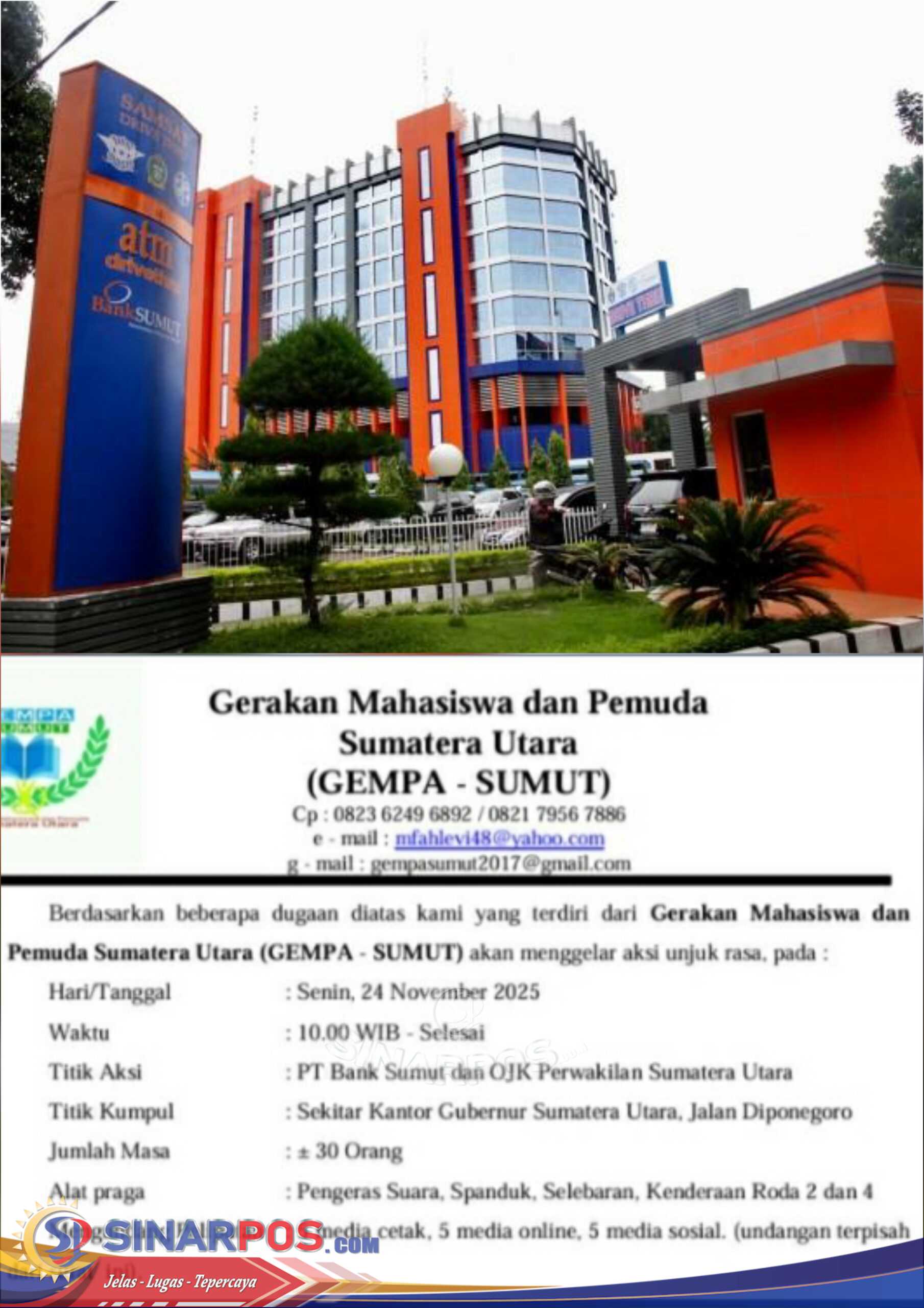 Besok! GEMPA Sumut Bakal Gelar Aksi Unjuk Rasa di Kantor Bank Sumut Saat RUPS LB