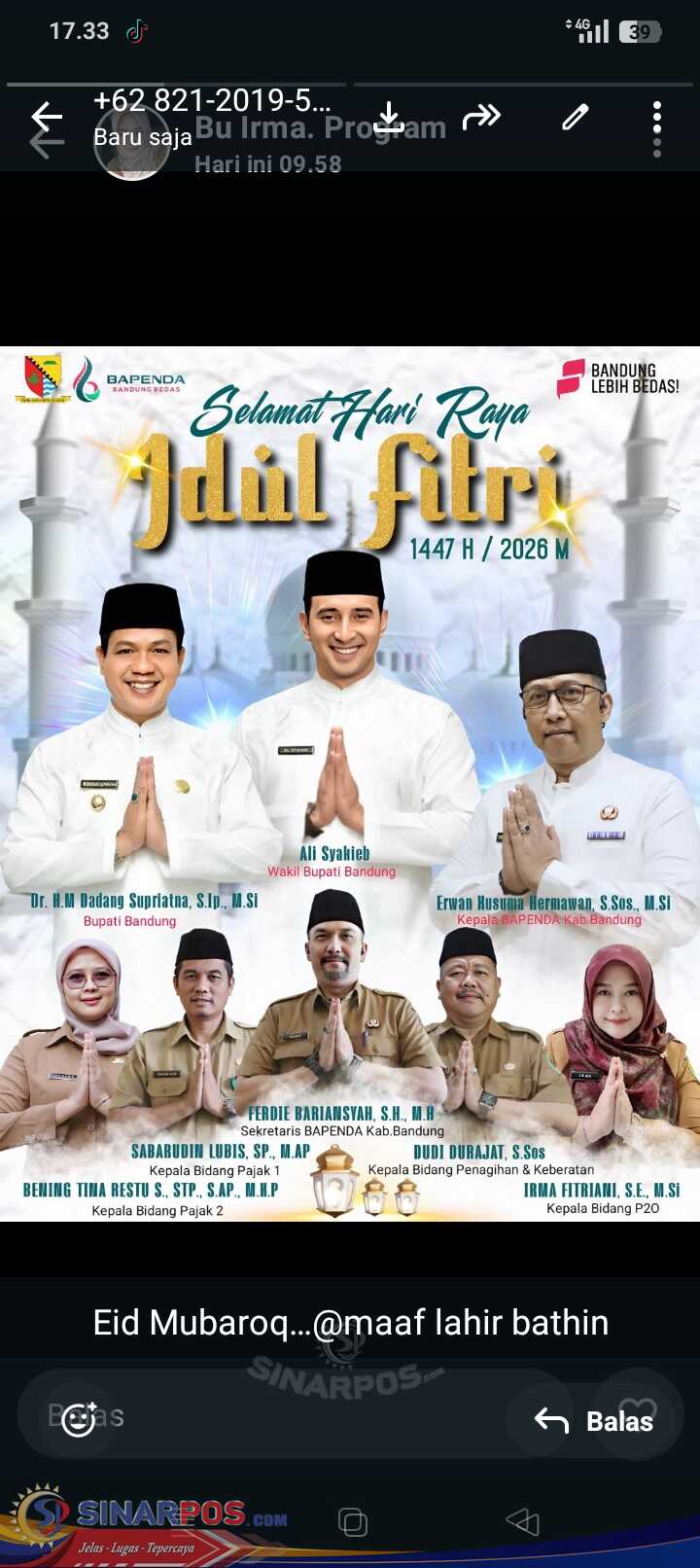 BAPENDA Kabupaten Bandung Mengucapkan Selamat Hari Raya Idul Fitri 1447 H